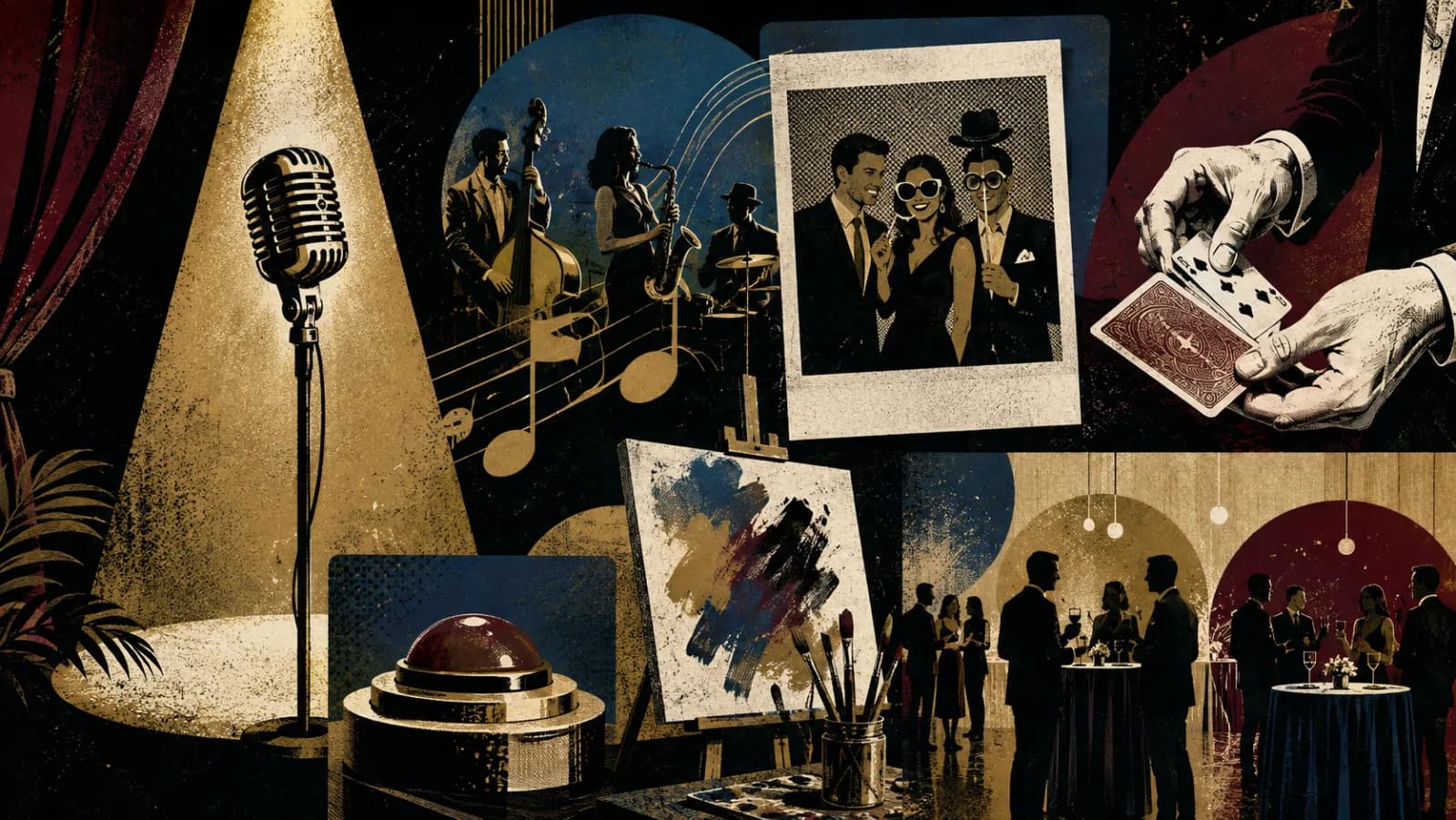 Illustrated collage of comedy, music, magic, art, and event activities