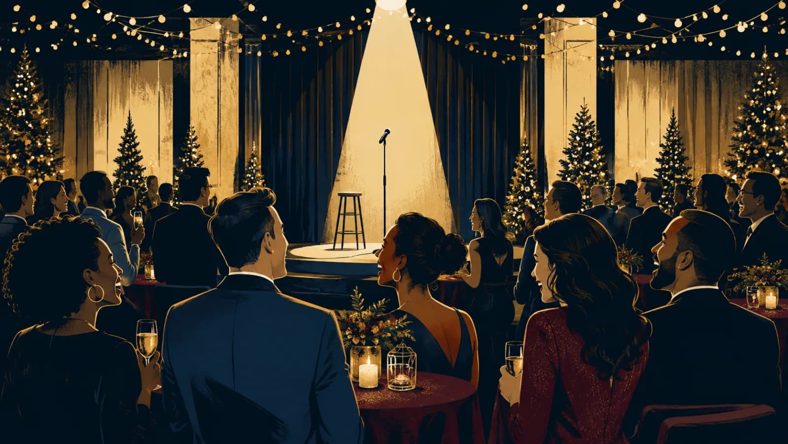 Elegant corporate holiday party with a comedy microphone under a spotlight