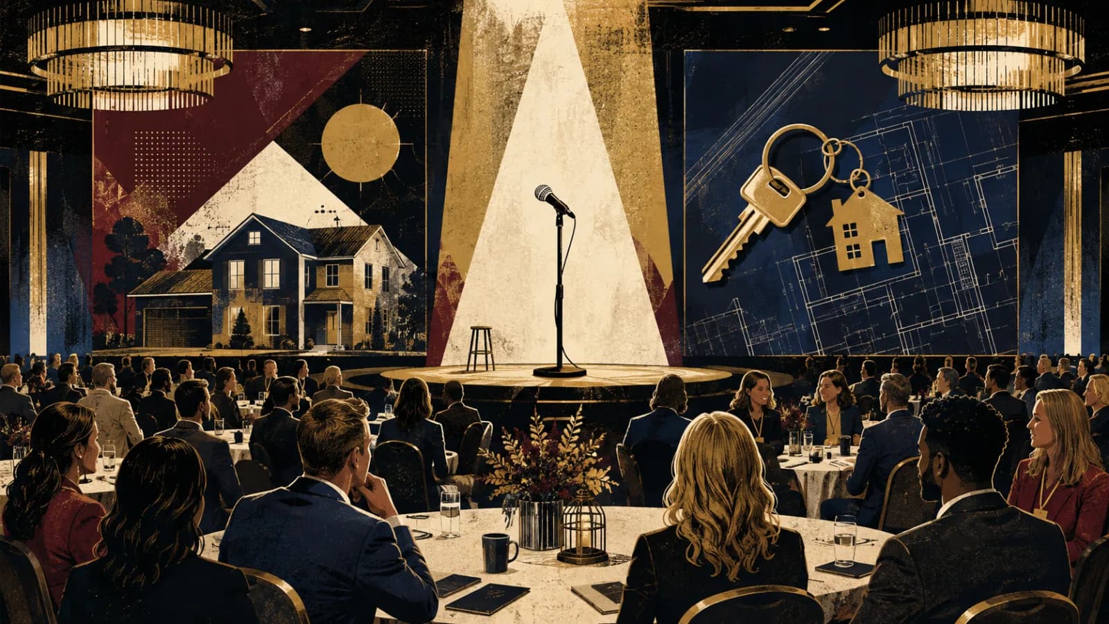 Real estate conference ballroom with microphone, house imagery, and professional audience