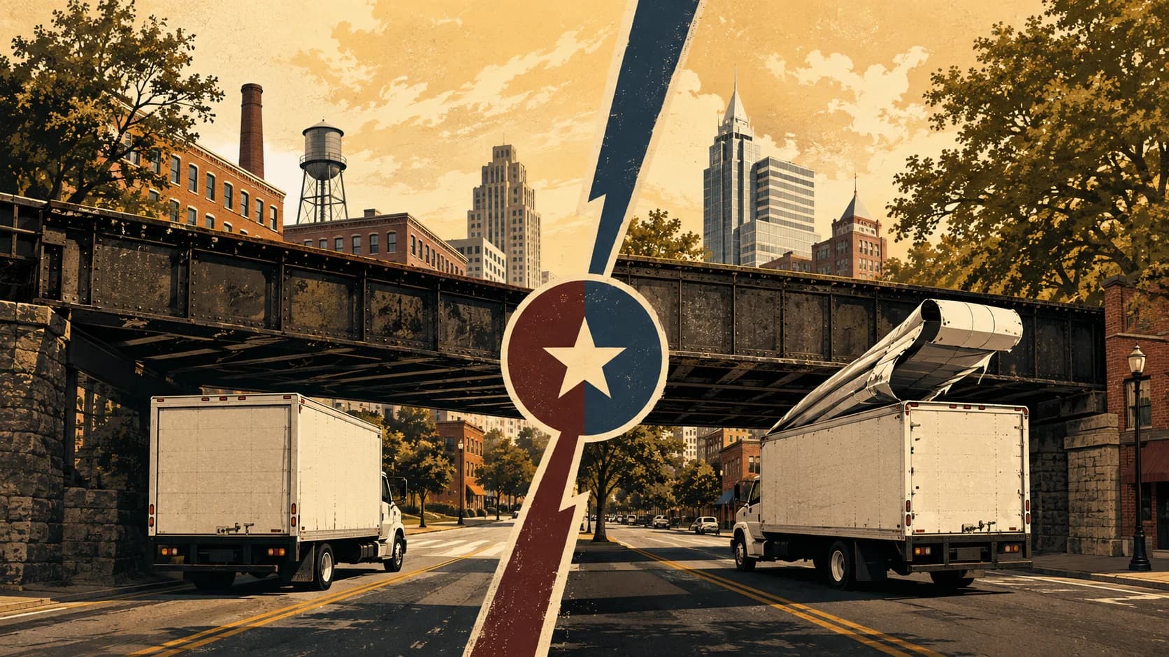 Illustration of the Durham Can Opener Bridge facing Raleigh’s Peace Street Peeler