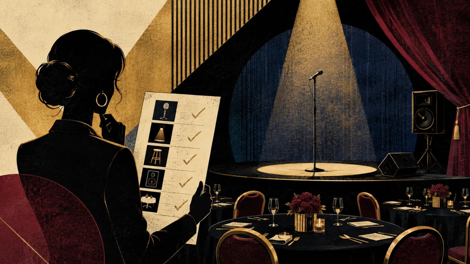 Event planner checking a professional comedy stage and sound setup
