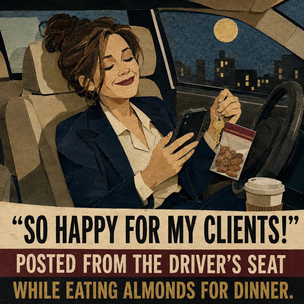 Real estate meme about an agent celebrating a closing while eating almonds in the car