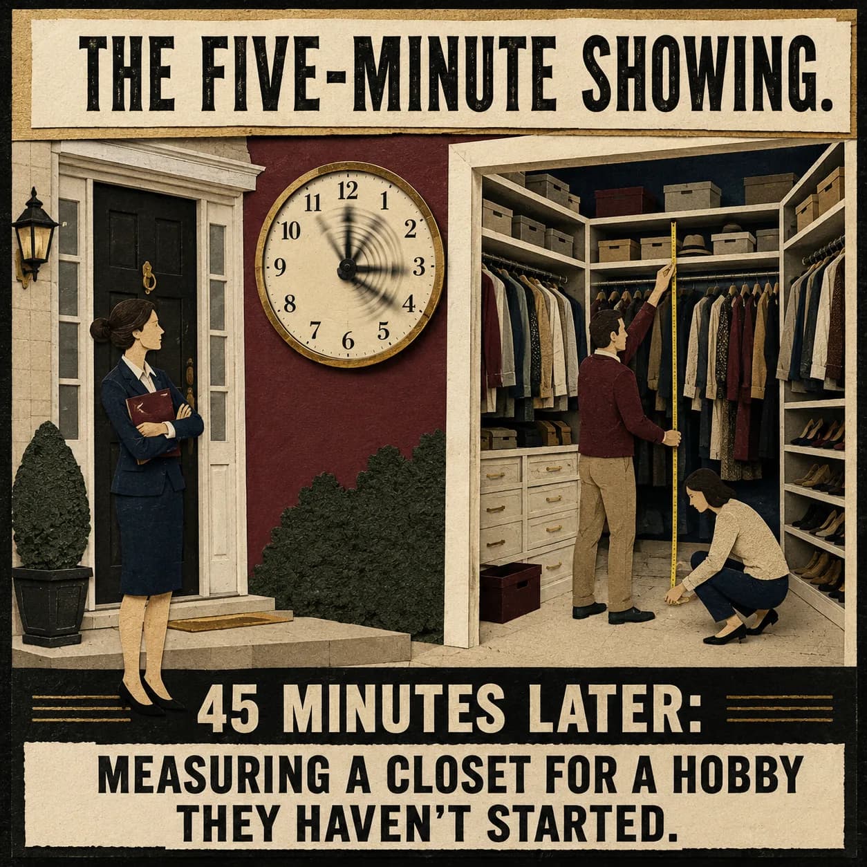 Real estate meme about a five-minute showing becoming a 45-minute closet measurement