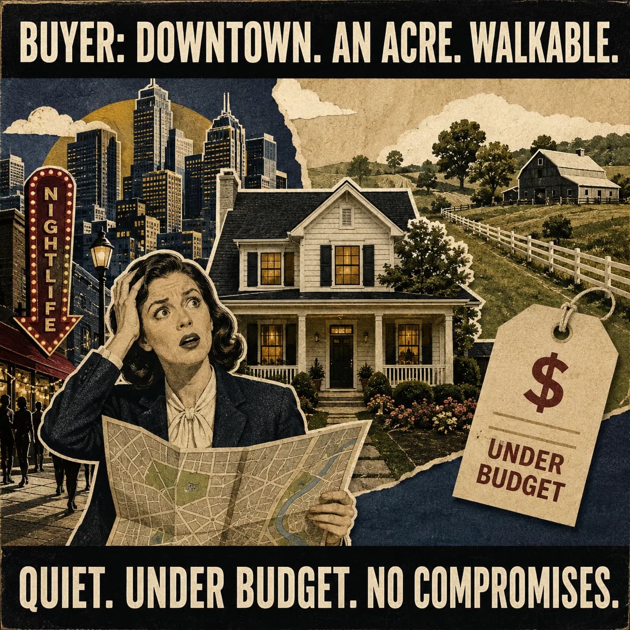Real estate meme showing an impossible home wish list of downtown acreage and a low budget