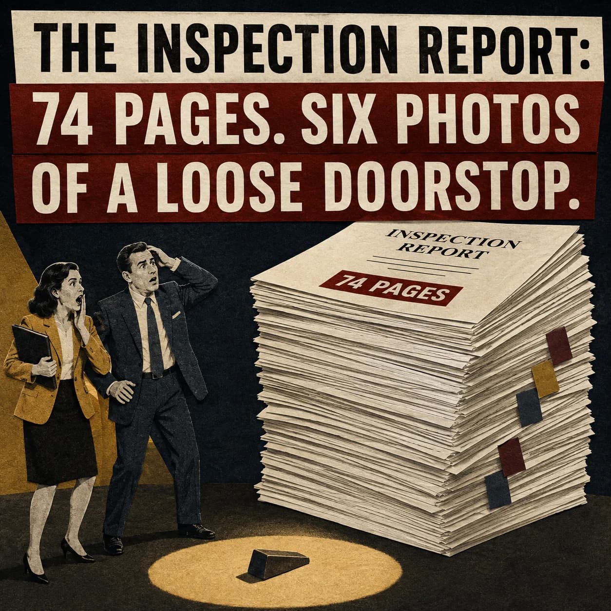 Real estate meme about a 74-page inspection report focused on a loose doorstop
