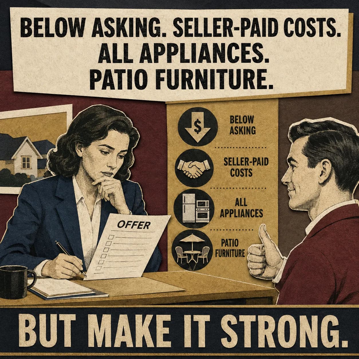 Real estate meme about a buyer requesting concessions while asking for a strong offer
