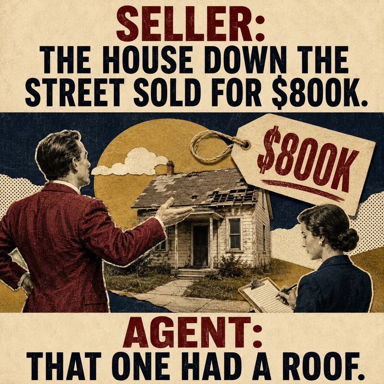 Real estate meme about a seller comparing a worn house to an $800,000 sale