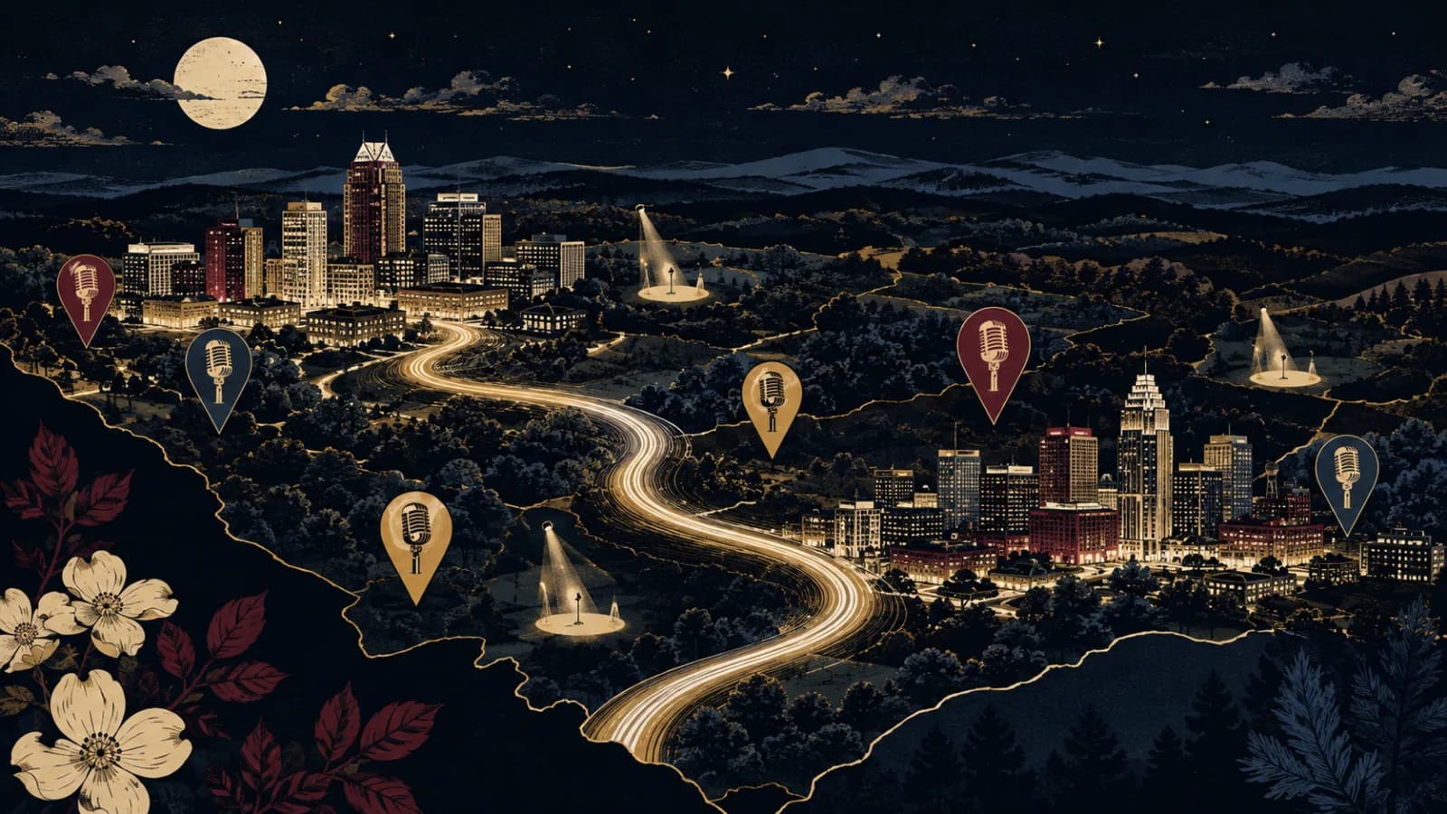 Illustrated Raleigh-Durham night map connected by roads and microphone markers