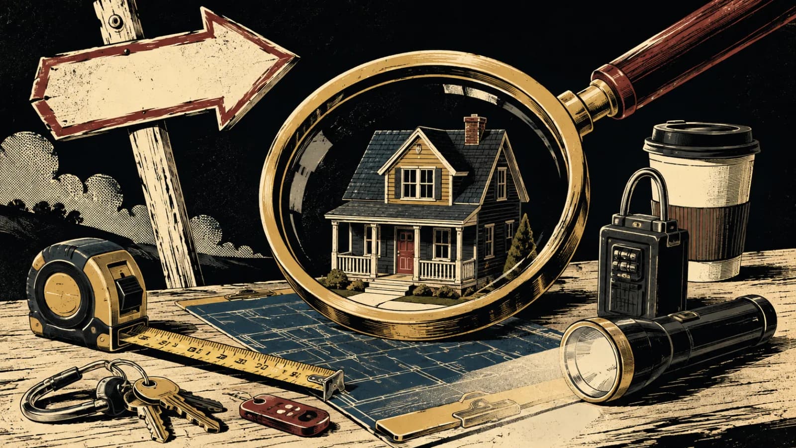 House under a magnifying glass with keys, tape measure, lockbox, and coffee