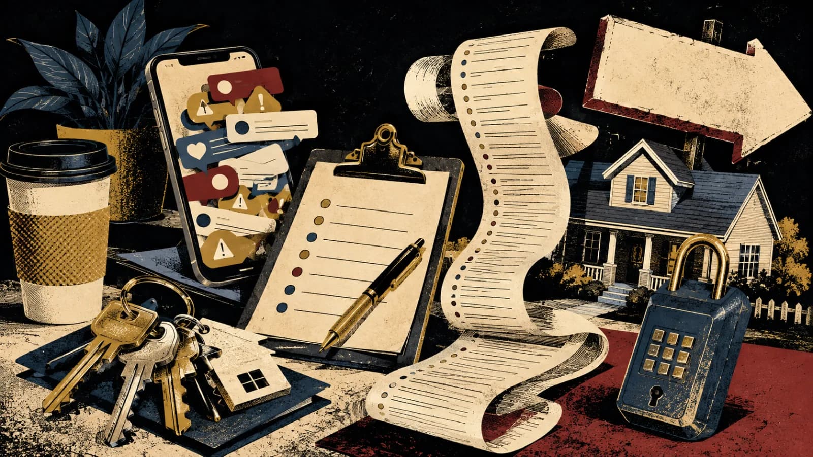 Illustrated phone, keys, checklist, lockbox, and house representing real estate memes